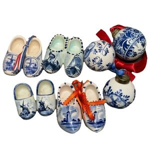 Delft Blue Mini Clog Shoes & Ornaments Lot Holland Windmill Ceramic Set
